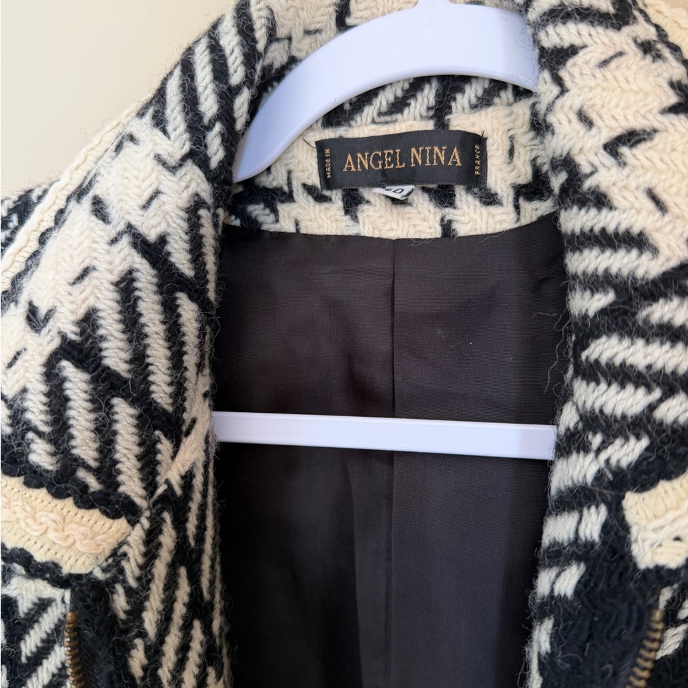 Angel Nina Plaid Wool Blend Coat Women Size 40 Black Cream Long Zip Jacket - Picture 3 of 16